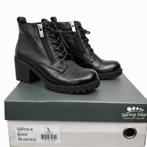 Spring Step Black Leather Lace-Up Block Heel Ankle Boots